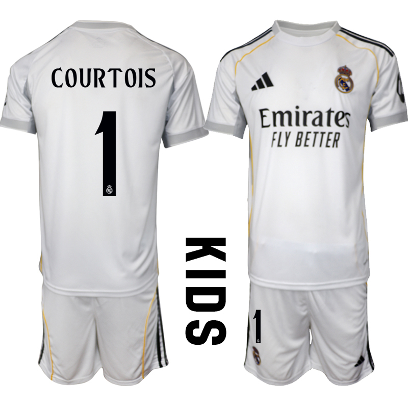 Youth 2025-2026 Club Real Madrid home White #1 Soccer Jersey